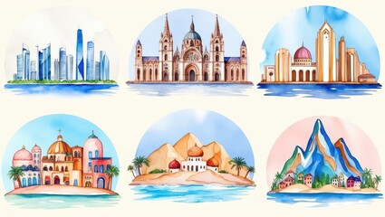 Fototapeta premium Watercolor Illustrations of Diverse Global Cityscapes and Landscapes Architectural Wonders and