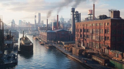 Fototapeta premium Industrial Waterfront with Historical Brick Factory and Boats in Urban Scenery