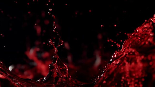 Stream of ruby red wine splashing in slow motion on black background