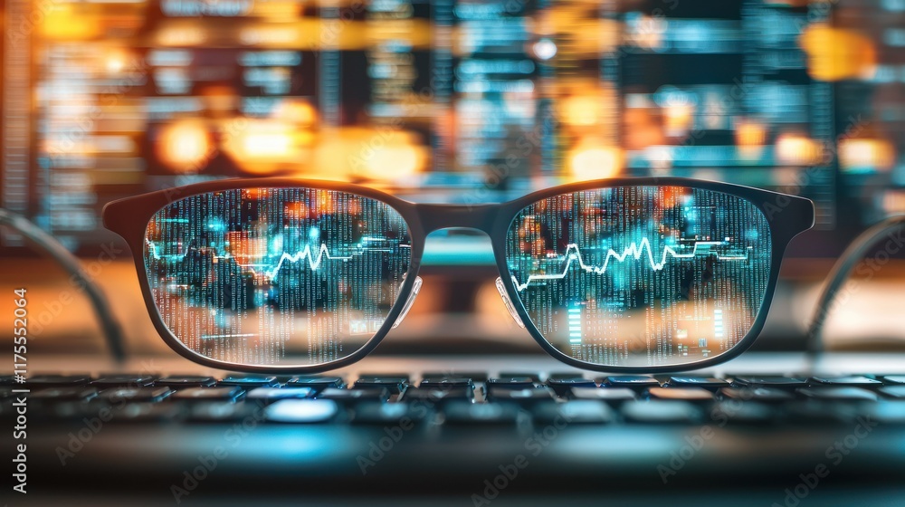 Poster data vision: glasses reflecting digital code and stock market graphs on a computer screen