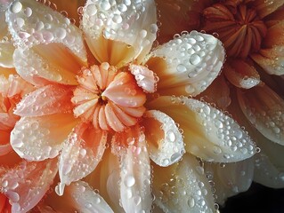 Close-up of Dew-Covered Dahlia Petals in Vibrant Orange and Pink Hues