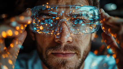 Close-up of Man Using Augmented Reality Glasses with Digital Projections and Light Effects