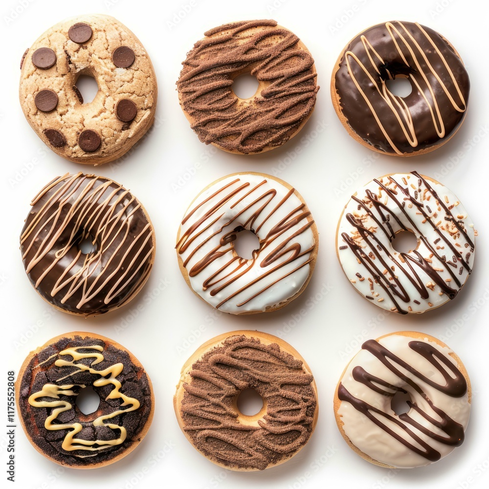Poster nine donuts with various toppings arranged on a white background, creating a visually appealing patt