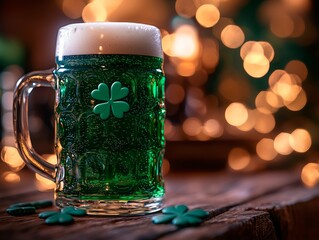Mug of green beer against a blurred background, Ireland tourism advertise, Saint Patrick's advertising image