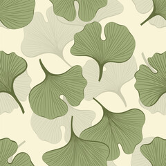 Hand-drawn ginkgo biloba seamless pattern, outline vector illustration, botanical sketch on white background