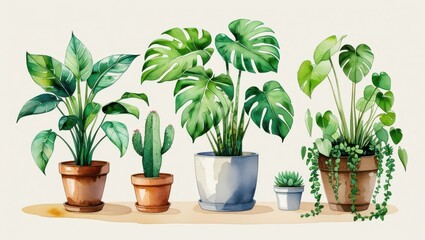 Watercolor Painting of Various Houseplants in Pots Monstera Cactus Succulents and More