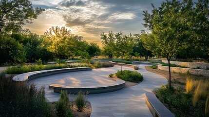 Sunset Serenity: A Picturesque Park Path at Golden Hour