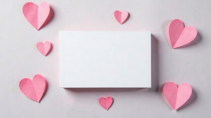 Business cards with pink paper hearts on pink background. Valentine's Day holiday. Copy space. Gift certificate with empty place for text. The party invitation. Love symbol. Festive decor. Top view