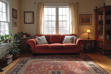 Comfortable Living Room With Red Sofa And Area Rug