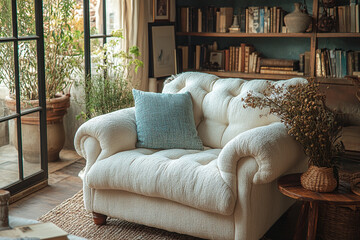 Comfortable Cream Armchair In A Cozy Library Setting