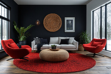 Modern Living Room Decor With Red Chairs And Woven Accents