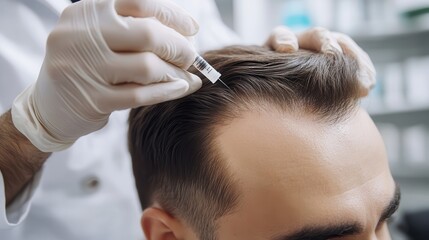 Fototapeta premium Doctor marking young man's head with hair loss problem in clinic, closeup
