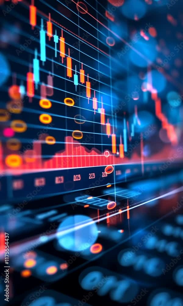Poster analyzing stock market trends with colorful data visualizations and charts at a busy trading desk