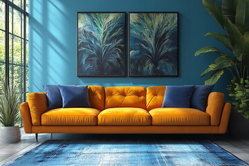 Orange Sofa Living Room Tropical Artwork Decor
