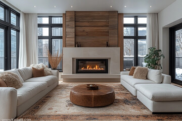 Modern Living Room With Fireplace And Comfortable Sofas