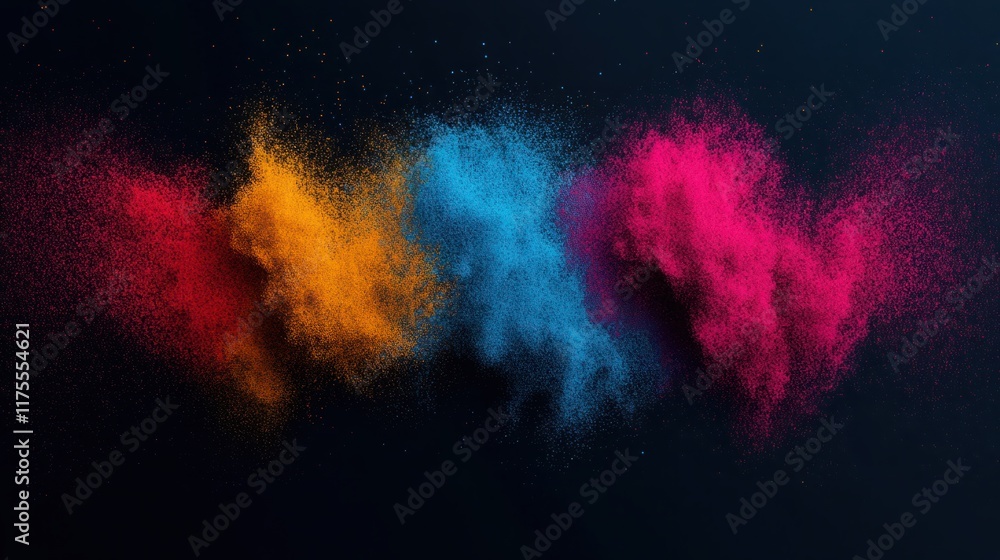 Poster vibrant clouds of colored powder creating dynamic swirls against a dark background in a stunning abs