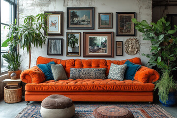 Orange Velvet Sofa in a Room with Artwork and Plants