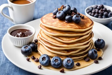 Layered pancakes garnished with fresh blueberries and syrup. Perfect for enticing breakfast visuals, focusing on indulgence and freshness. Great for culinary content and food promotions.