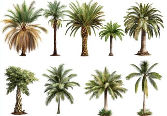 Various Palm Trees Isolated on White Background.
