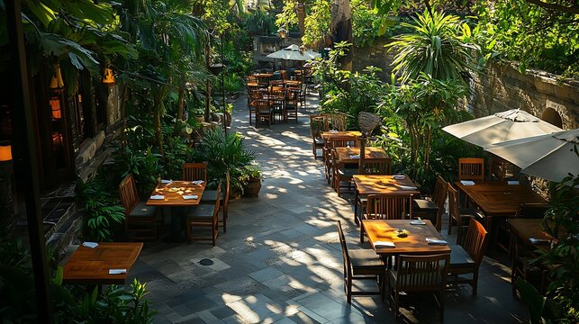 Outdoor dining experience in lush garden restaurant ambiance
