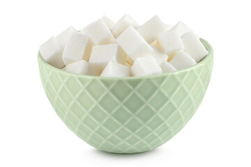 Sugar cubes in a ceramic bowl isolated on white background