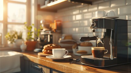 Morning Espresso Ritual: Sunlit kitchen counter with espresso machine brewing a rich cup of coffee, accompanied by pastries. A cozy and inviting scene perfect for breakfast or morning routine imagery.