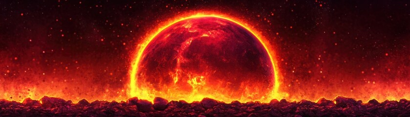 Dramatic Celestial Landscape Featuring a Fiery Sunset with a Red Sun Rising Above a Volcanic Horizon in a Fiery and Intense Atmosphere