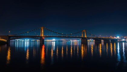 Fototapeta premium Night city bridge over river, lights reflecting