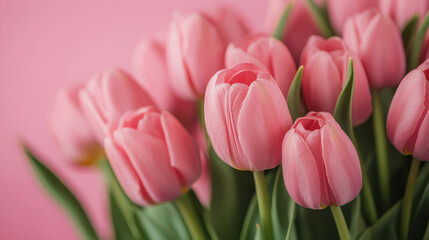 Fototapeta premium Blooming pink tulips floral arrangement on pink background, copy space
