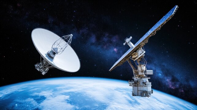 Two satellites orbiting Earth, showcasing communication technology.