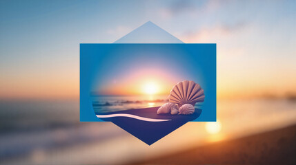 Invitation, invitation to a hen party. Seashell-themed abstract sunset on beach.