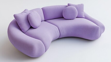 Lavender curved sofa, studio shot, pillows, minimalist background, interior design