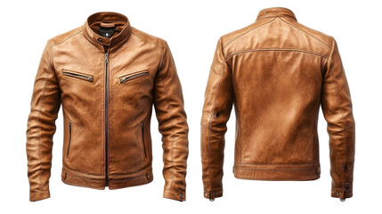 Men s Tan Leather Jacket  Front and Back Views  Casual Fashion Apparel