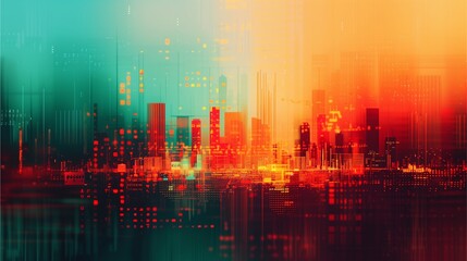 Obraz premium Cityscape Glitch: A mesmerizing digital art piece depicting a cityscape enveloped in a vibrant glitch effect, with contrasting hues of teal and orange creating a dynamic and futuristic atmosphere. 
