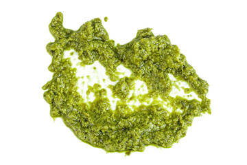 Pesto sauce isolated on white background. Top view. Flat lay
