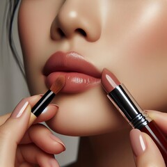 294 A woman applying a creamy nude toned lipstick to a client's