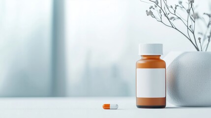 A mockup of a medicine bottle label design with editable blank fields displayed on a plain surface