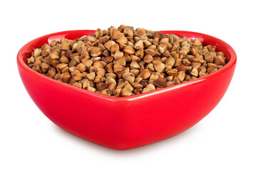 Raw buckwheat in ceramic bowl isolated on white background