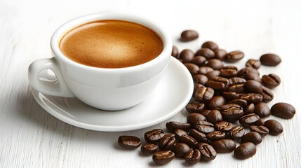 Fototapeta premium Espresso Coffee In White Cup With Coffee Beans