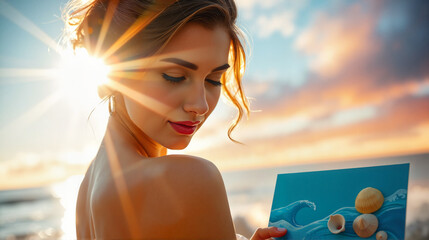 Invitation, invitation to a hen party. Woman with seashell art at sunset on the beach.