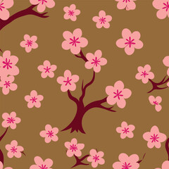 Fototapeta premiumA seamless pattern featuring delicate Japanese cherry tree blossoms, showcasing soft pink petals and intricate branches against a subtle background, creating a serene and harmonious design.