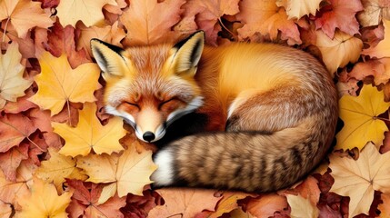 Fototapeta premium A fox peacefully sleeping among colorful autumn leaves.