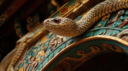 Obraz premium Intricate Wooden Snake Carving Adorns Temple Arch