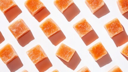 Pattern of orange square candies on white background.