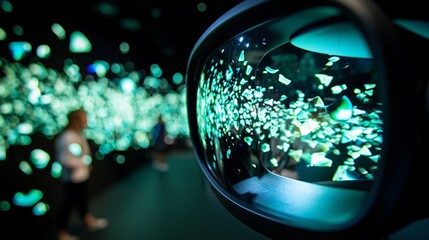 Virtual reality headset displaying teal gemstone fragments.