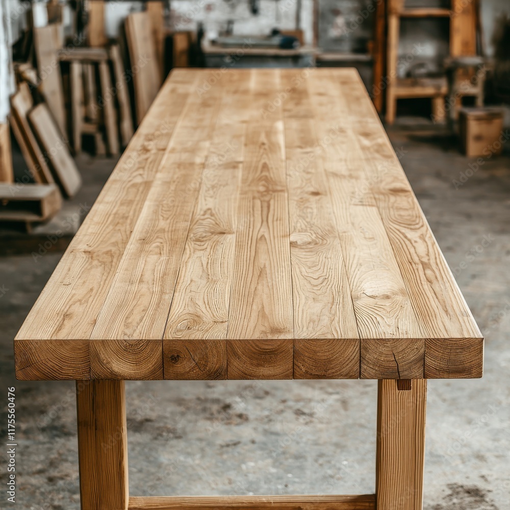 Aufkleber high angle shot of a durable wooden workbench showcasing natural grain patterns and a rustic aesthet