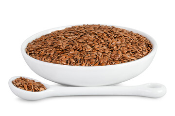 flaxseed in ceramic bowl isolated on white background. Top view. Flat lay