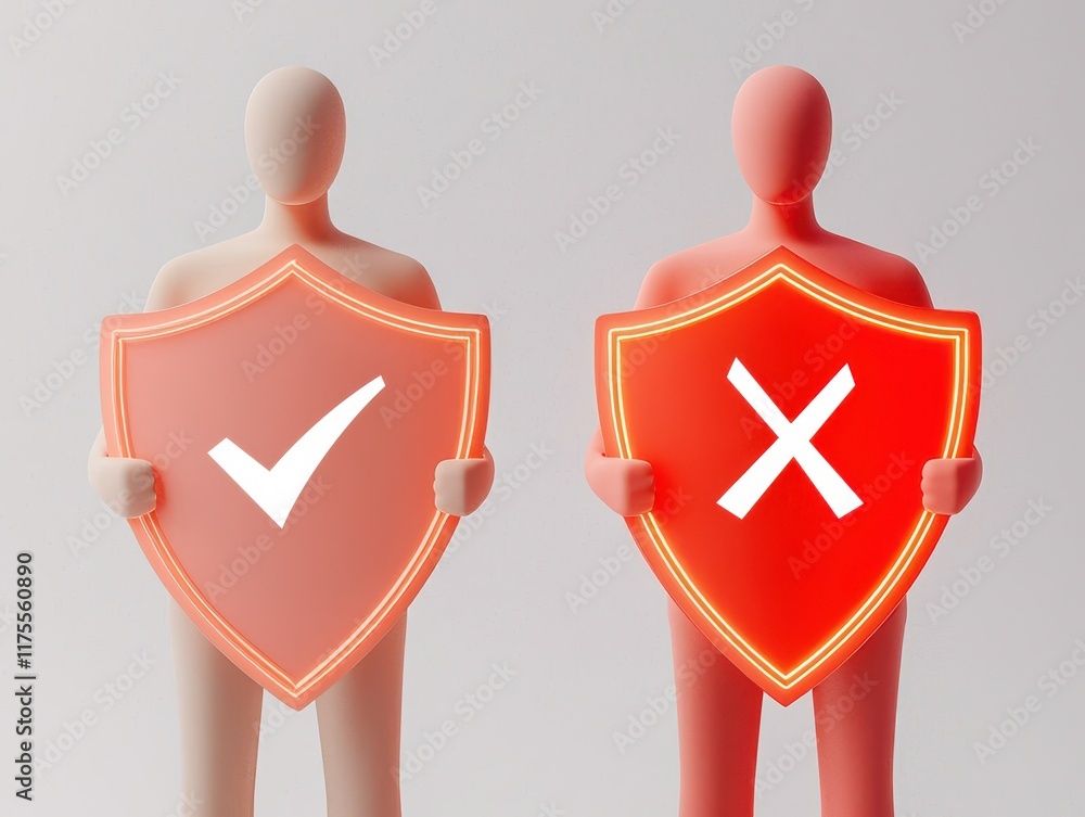 Poster human figures holding glowing shields representing safety and security concepts in a minimalistic st