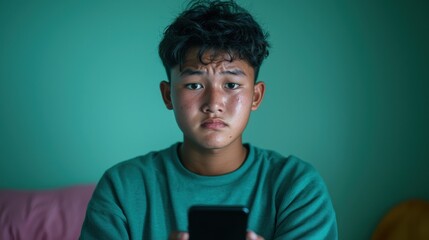Teen Sitting Alone in a Dimly Lit Room, Showing Concern on His Face While Holding a Mobile Phone with a Gloomy Expression and a Green Background