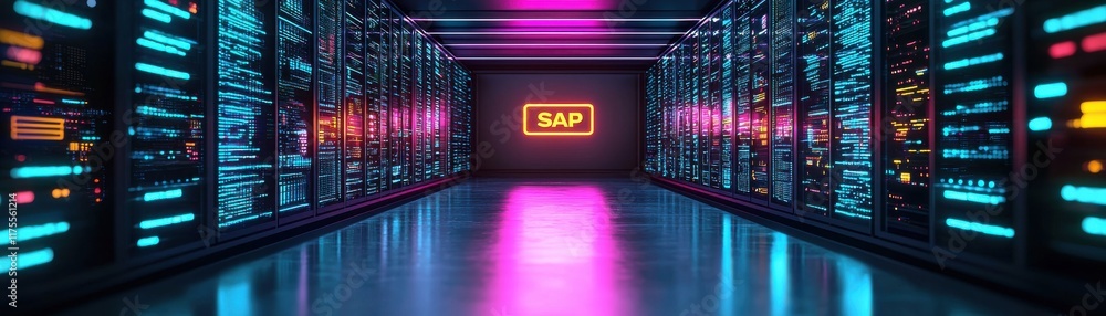 Poster futuristic innovation hub concept with neon lights and data servers in a modern digital environment